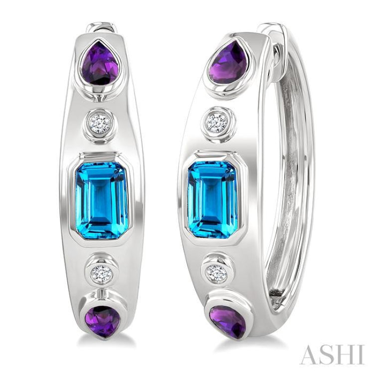 6X4 MM Octagon Shape Blue Topaz & 5X3 MM Pear Shape Amethyst and 1/10 Ctw Round Cut Diamond Semi-Precious Earrings in Sterling Silver