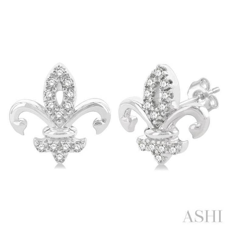 1/8 Ctw Petite Fleur De Lis Round Cut Diamond Fashion Stud Earring in 10K White Gold