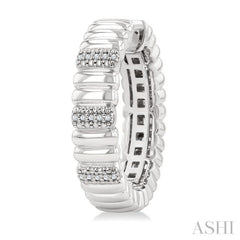 1/10 Ctw Wide Ribbed Plain Polished and Round Cut Diamond Bold Fashion Hoop Earrings in Sterling Silver