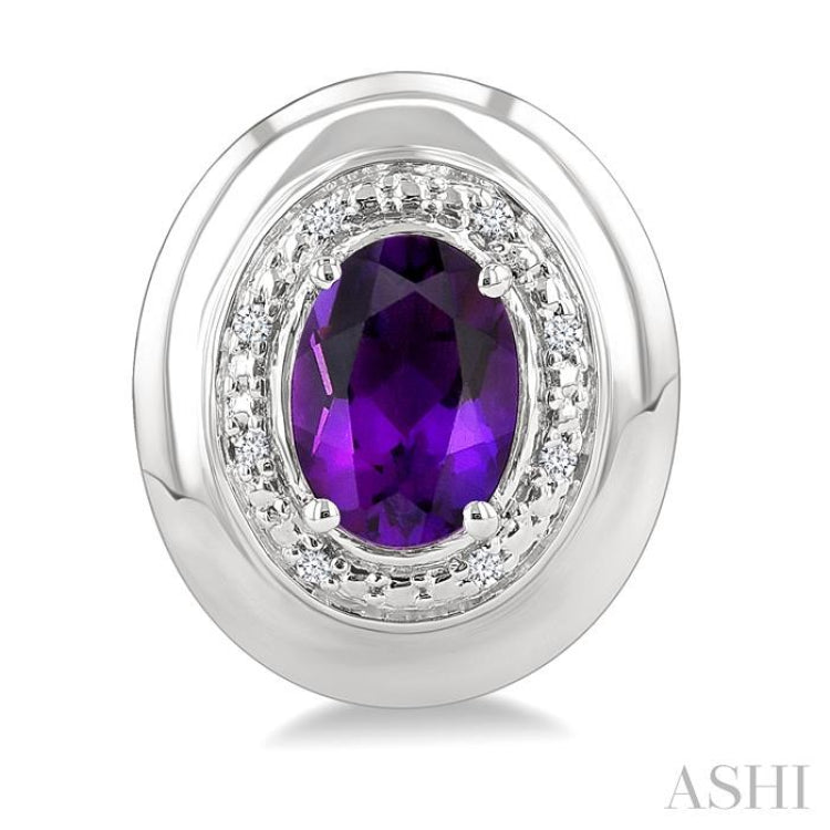 7X5 MM Oval Shape Amethyst and 1/20 Ctw Single Cut Diamond Semi-Precious Earrings in Sterling Silver