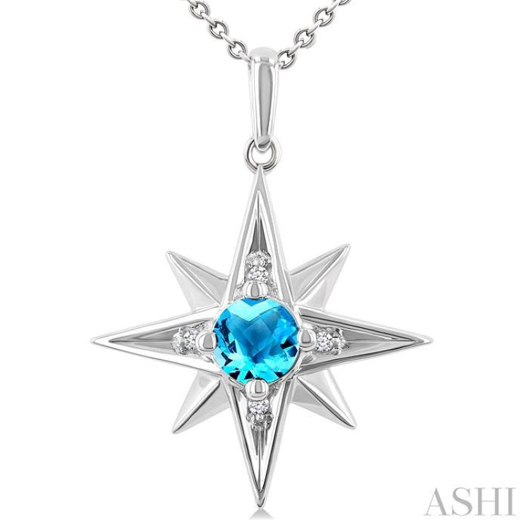 5 MM Round Cut Blue Topaz and 1/20 Ctw Round Cut Diamond Semi-Precious Fashion Pendant With Chain in Sterling Silver