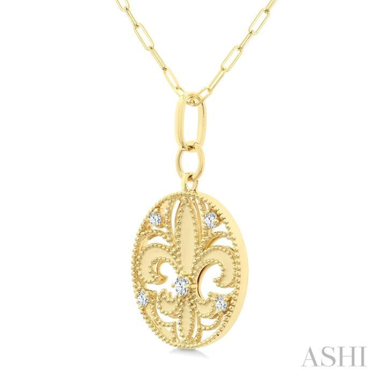 1/4 Ctw Fleur De Lis Round Cut Diamond Fashion Medallion Pendant With Chain in 14K Yellow Gold