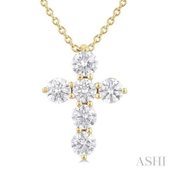 1/2 Ctw Round Cut Diamond Christian Cross 6-Stone Fashion Pendant With Chain in 14K Yellow Gold