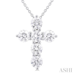 1 1/2 Ctw Round Cut Diamond Christian Cross 6-Stone Fashion Pendant With Chain in 14K White Gold