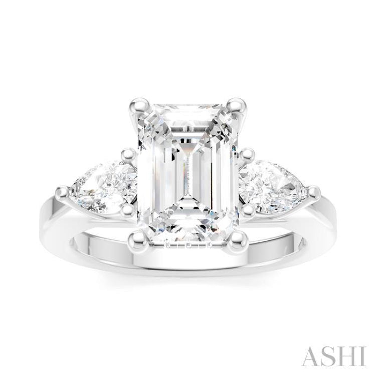 1/2 Ctw Tri-Mount Emerald Shape Center Pear and Round Cut Diamond Semi-Mount Engagement Ring in 14K White Gold