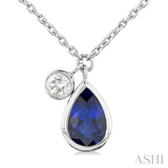 6x4 MM Pear Cut Sapphire and 1/20 Ctw Bezel Set Round Cut Diamond Precious Pendant With Chain in 14K White Gold