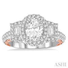 1/2 Ctw Oval Semi-Mount Baguette & Round Cut Diamond Ring in 14K White and Rose Gold