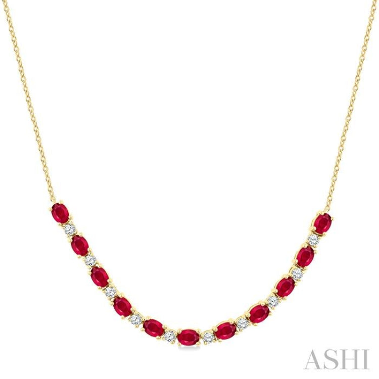 4X3 MM Oval Shape Ruby and 1/2 Ctw Round Cut Diamond Precious Tennis Necklace in 14K Yellow Gold
