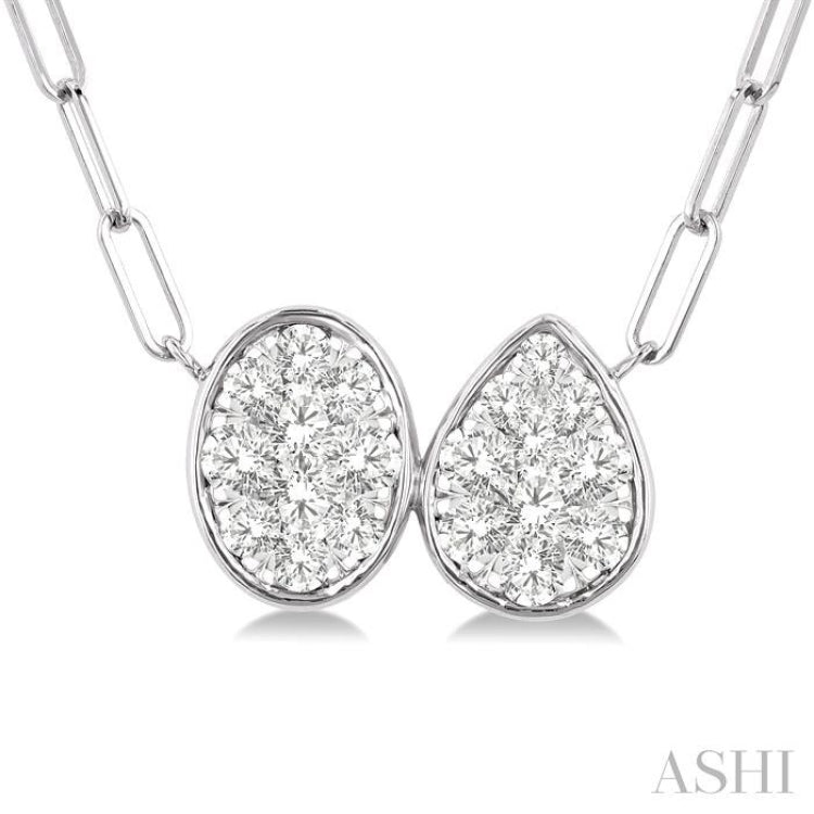 3/8 Ctw Lovebright Oval and Pear Shape Toi Et Moi Round Cut Diamond Necklace in 14K White Gold