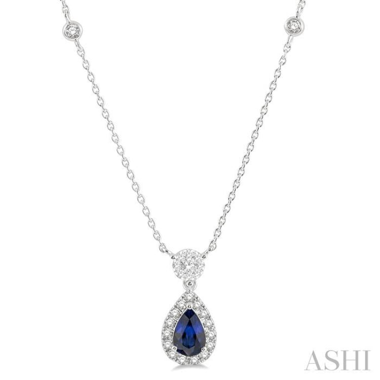 6x4 MM Pear Cut Sapphire and 1/3 Ctw Round Cut Diamond Lovebright Precious Necklace in 14K White Gold