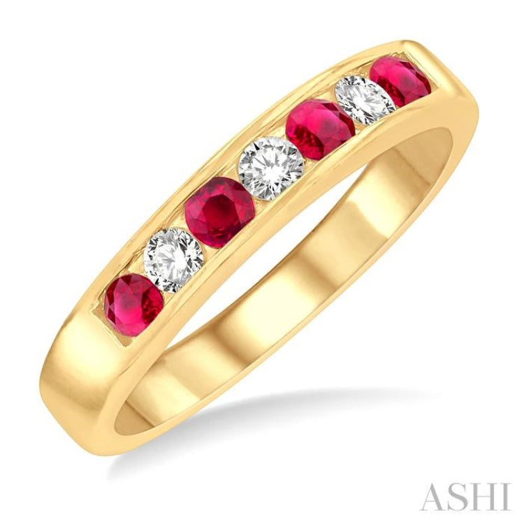 2.5 MM Round Cut Ruby and 1/5 Ctw Channel Set Round Cut Diamond Band in 14K Yellow Gold