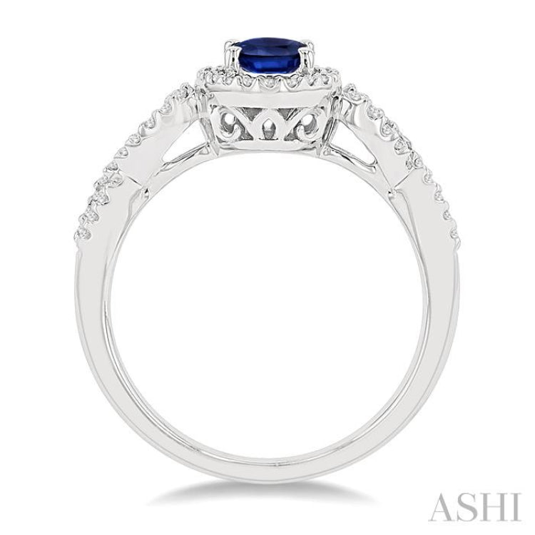 7x5 MM Oval Cut Sapphire and 1/5 Ctw Twisted Split Shank Round Cut Diamond Precious Ring in 14K White Gold