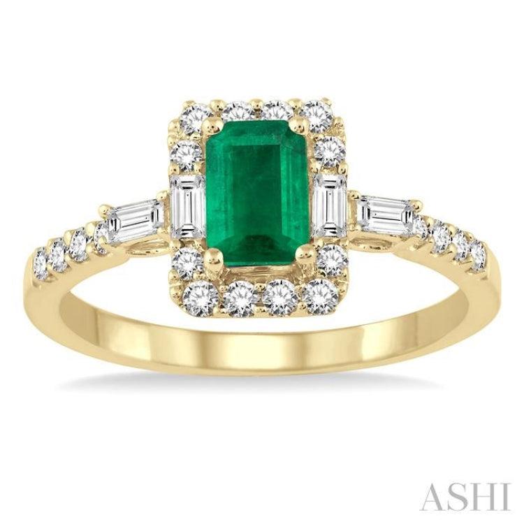 6x4 MM Octagon Cut Emerald and 1/2 Ctw Round Cut Diamond Precious Ring in 14K Yellow Gold