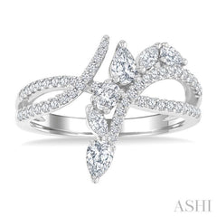 7/8 Ctw Split Bypass Shank Mixed Diamond Cut Fashion Ring in 14K White Gold