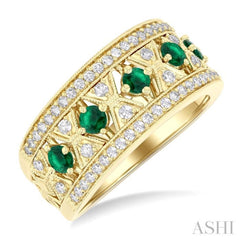 2.8 MM Hexagon Window Emerald and 1/2 Ctw Round Cut Diamond Precious Fashion Band in 14K Yellow Gold