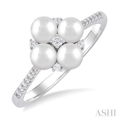 4 MM Floral Center Round Shape Cultured Pearl and 1/8 Ctw Round Cut Diamond Fashion Ring in 10K White Gold