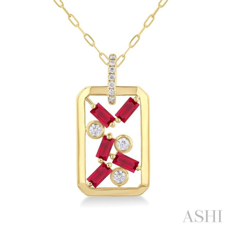 4x2 MM Scatter Baguette Cut Ruby and 1/6 Ctw Round Cut Diamond Precious Fashion Pendant With Chain in 14K Yellow Gold