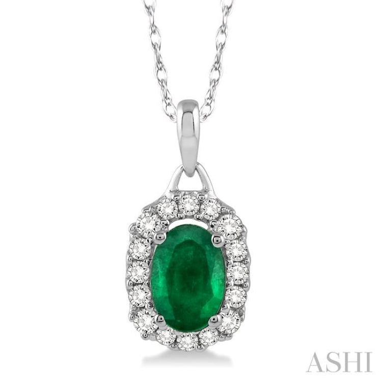 6x4 MM Oval Cut Emerald and 1/6 Ctw Round Cut Diamond Precious Pendant in 14K White Gold with Chain
