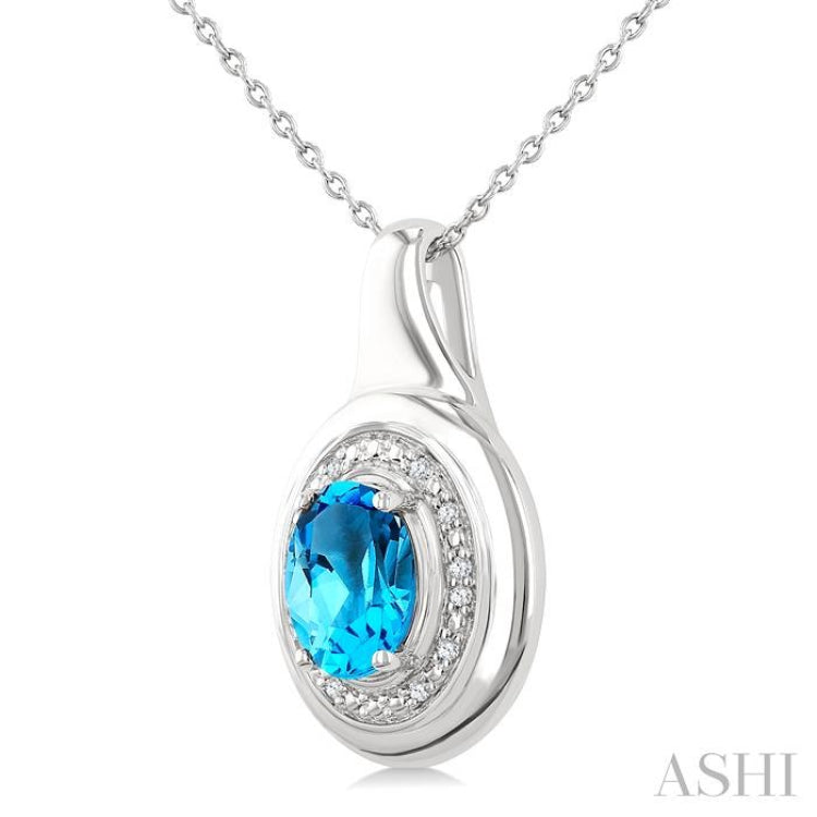 8X6 MM Oval Shape Blue Topaz and 1/20 Ctw Single Cut Diamond Semi-precious Pendant With Chain in Sterling Silver
