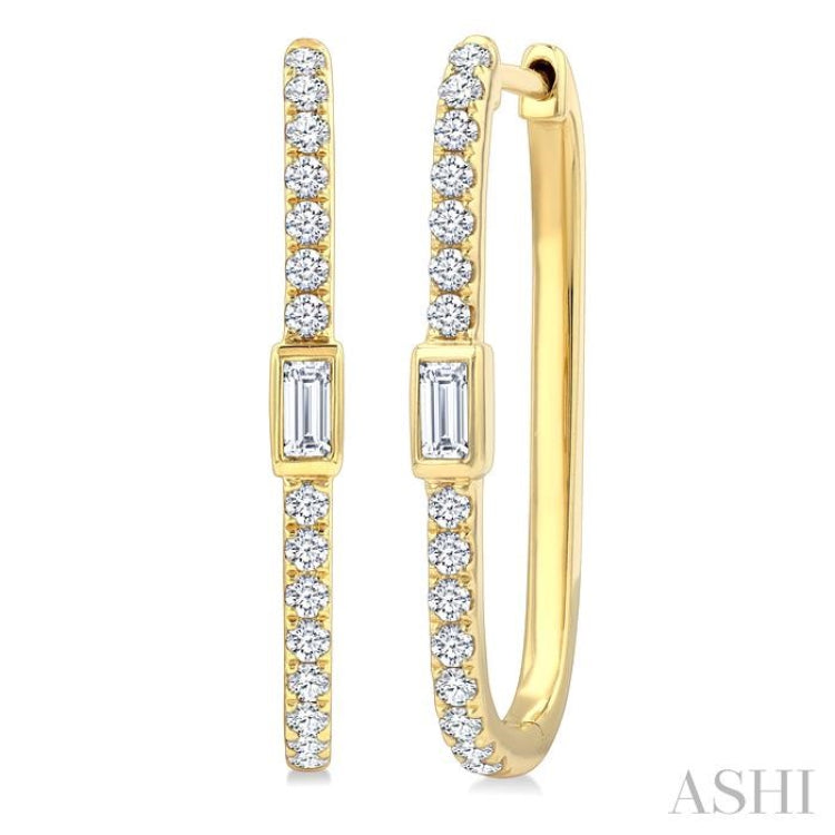 3/8 Ctw Rectangular Shape Baguette and Round Cut Diamond Fashion Hoop Earrings in 14K Yellow Gold
