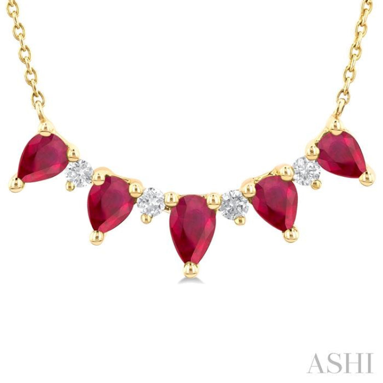 5x3 MM & 4x3 MM Pear Cut Ruby and 1/8 Ctw Round Cut Diamond Precious Necklace in 14K Yellow Gold