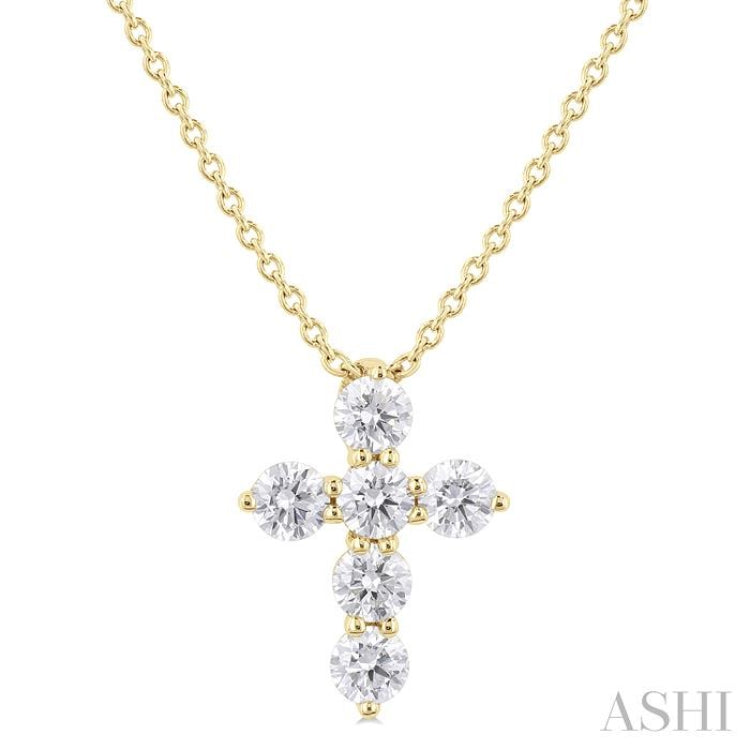 1/3 Ctw Round Cut Diamond Christian Cross 6-Stone Fashion Pendant With Chain in 14K Yellow Gold