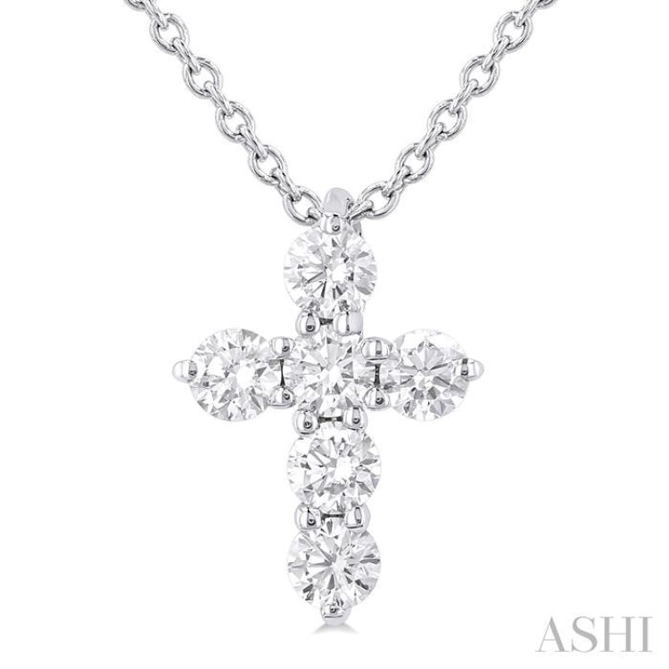 1/4 Ctw Round Cut Diamond Christian Cross 6-Stone Fashion Pendant With Chain in 14K White Gold