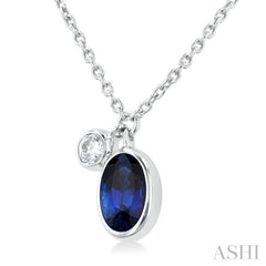 6x4 MM Oval Cut Sapphire and 1/20 Ctw Bezel Set Round Cut Diamond Precious Pendant With Chain in 14K White Gold