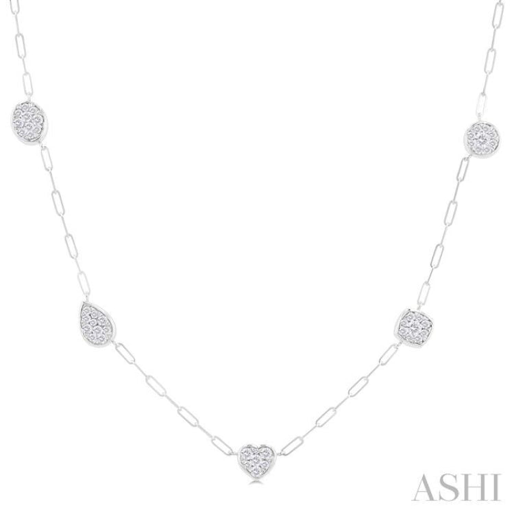 3/4 Ctw Lovebright Mixed Shape Mount Round Cut Diamond Station Necklace in 14K White Gold