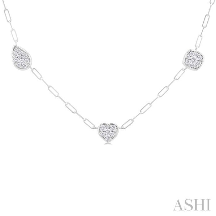 3/4 Ctw Lovebright Mixed Shape Mount Round Cut Diamond Station Necklace in 14K White Gold