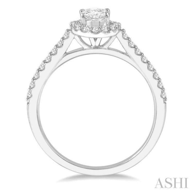 1 1/10 Ctw Oval Halo Round Cut Diamond Engagement Ring With 3/4 Ct Oval Cut Center Stone in 14K White Gold