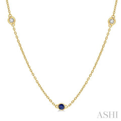 2.25 MM Sapphire and 1/4 Ctw Round Cut Diamond Precious Station Necklace in 14K Yellow Gold