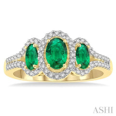 6x4 MM & 5x3 MM Triple Oval Shape Emerald and 1/5 Ctw Round Cut Diamond Precious Ring in 10K Yellow Gold