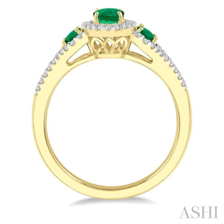 6x4 MM & 5x3 MM Triple Oval Shape Emerald and 1/5 Ctw Round Cut Diamond Precious Ring in 10K Yellow Gold