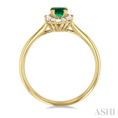 6x4 MM Oval Cut Emerald and 1/5 Ctw Baguette & Round Cut Diamond Hexagon Shape Halo Precious Ring in 10K Yellow Gold