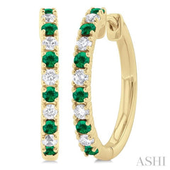 1.80 MM Round Shape Emerald and 1/4 Ctw Round Cut Diamond Precious Hoop Earring in 10K Yellow Gold