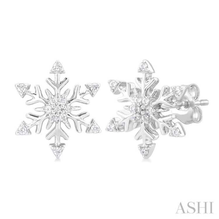 1/10 Ctw Petite Snowflake Round Cut Diamond Halo Fashion Stud Earring in 10K White Gold
