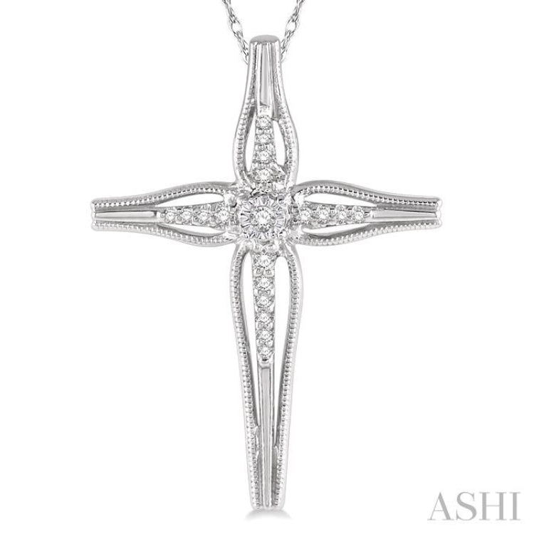 1/10 Ctw Round Cut Diamond Cross Charm Fashion Pendant With Chain in 10K White Gold