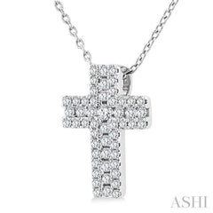 1/4 Ctw Cross Round Cut Diamond Fashion Pendant With Chain in 14K White Gold
