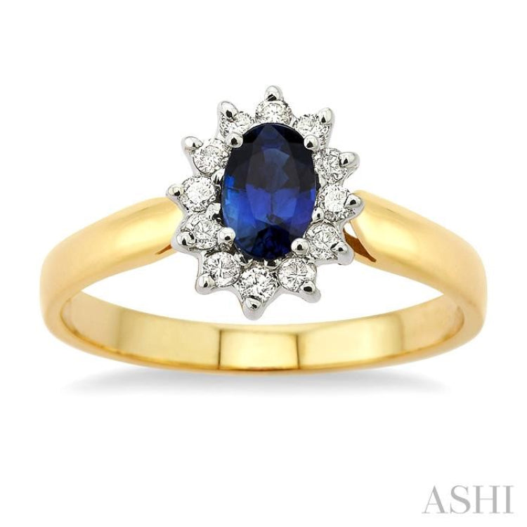 6x4MM Oval Cut Sapphire and 1/5 Ctw Round Cut Diamond Ring in 14K Yellow Gold