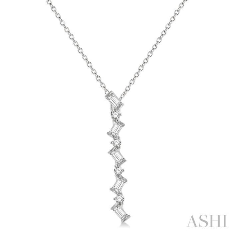 1/3 Ctw Zig-Zag Baguette and Round Cut Diamond Pendant With Chain in 14K White Gold