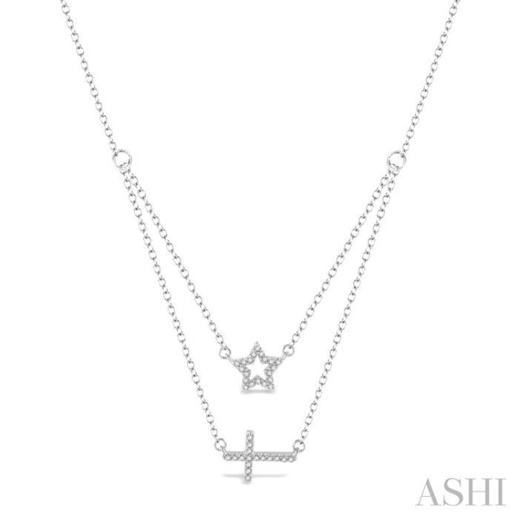 1/6 Ctw Star & Cross Charm Round Cut Diamond Layered Necklace With Link Chain in 10K White Gold