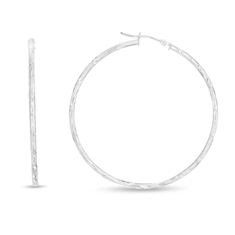 14K White Gold 2x45mm Diamond Cut Hoop Earring