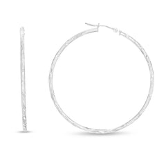 14K White Gold 2x45mm Diamond Cut Hoop Earring