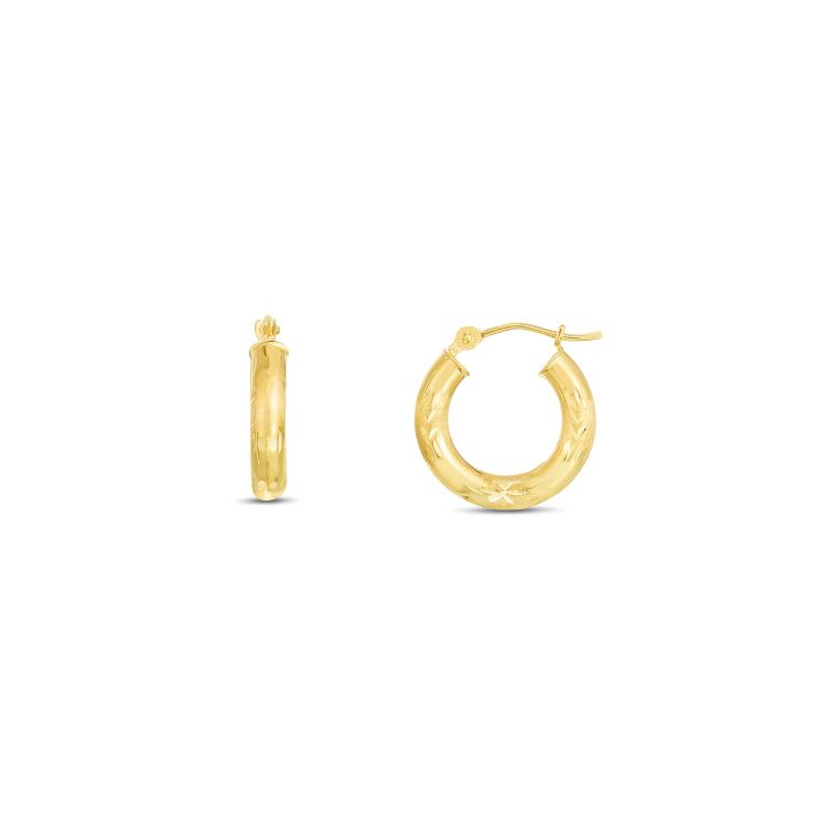 14K Yellow Gold 3x15mm Diamond Cut and Polished Design Hoop Earring
