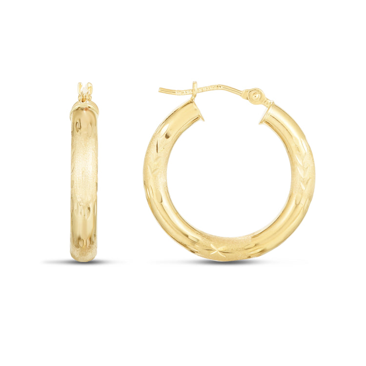 14K Yellow Gold 3x20mm Diamond Cut and Polished Design Hoop Earring