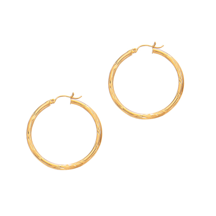 14K Yellow Gold 3x35mm Diamond Cut and Polished Design Hoop Earring