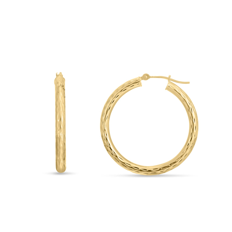 14K Yellow Gold 3x30mm Diamond Cut Hoop Earring