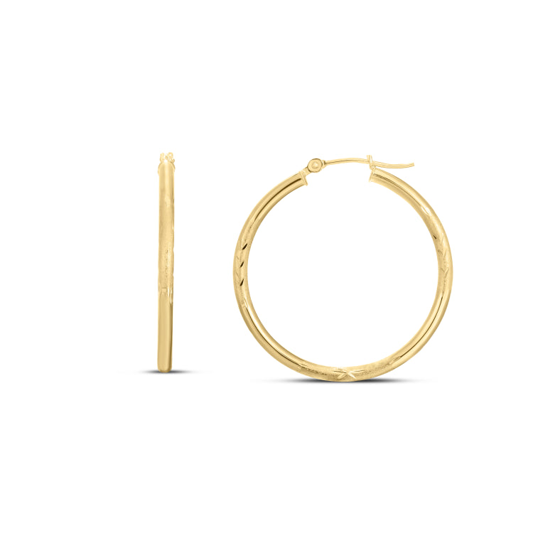 14K Yellow Gold 2x30mm Diamond Cut and Polished Design Hoop Earring