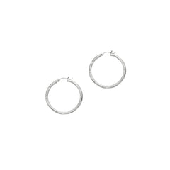 14K White Gold 3x35mm Diamond Cut and Polished Design Hoop Earring
